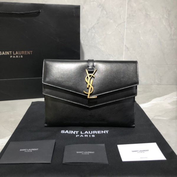 YSL Sulpice Medium Leather Envelope Clutch Black
