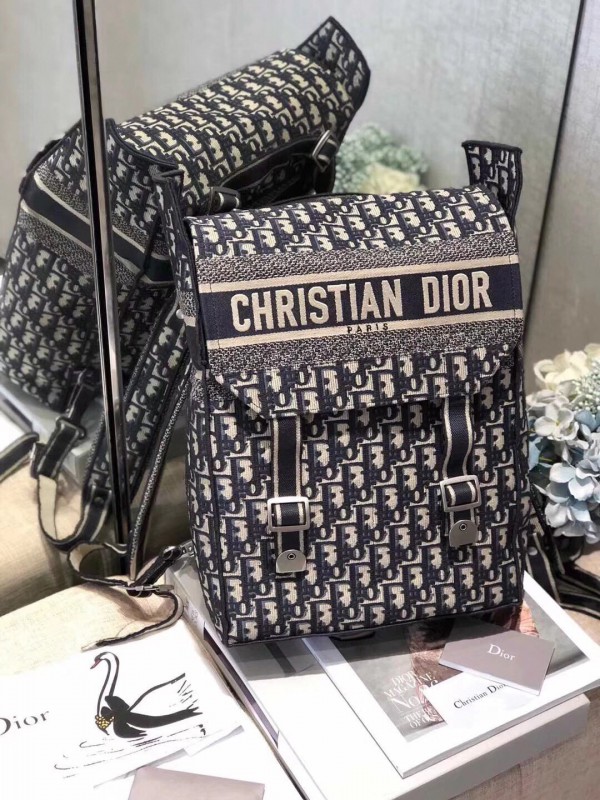 Christian Dior Backpack Oblique Embroidered Canvas Blue