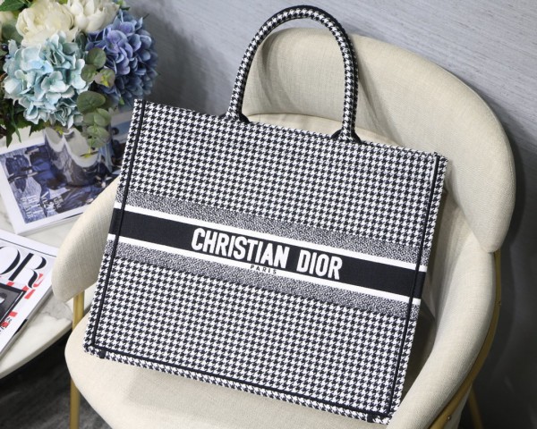 Dior Book Tote Black and White Houndstooth Embroidery