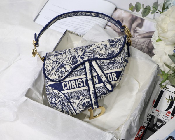 Dior Saddle Bag Oblique Blue Toile de Jouy Embroidery
