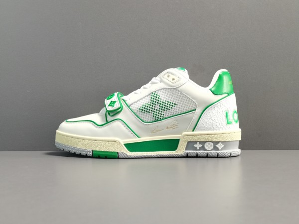 LV Trainer Sneaker Comes In White Calf Leather With Colorful Details Green