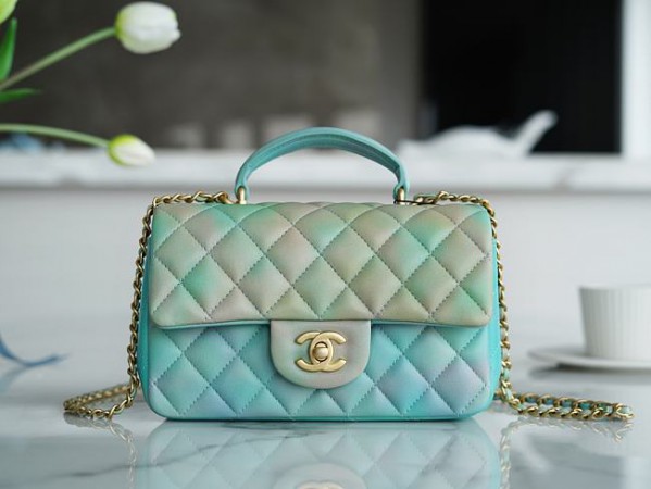 Chanel CF Handle Gradient Green Flap Bag 14K Hardware