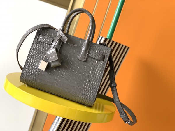 YSL Classic Sac De Jour Nano In Embossed Crocodile Shiny Leather Grey