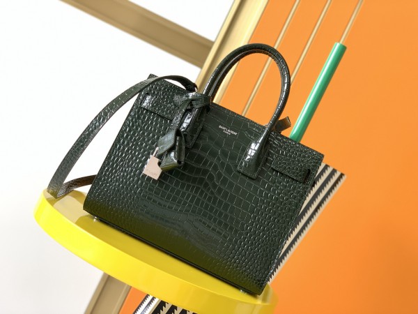 YSL Classic Sac De Jour Nano In Embossed Crocodile Shiny Leather Dark Green