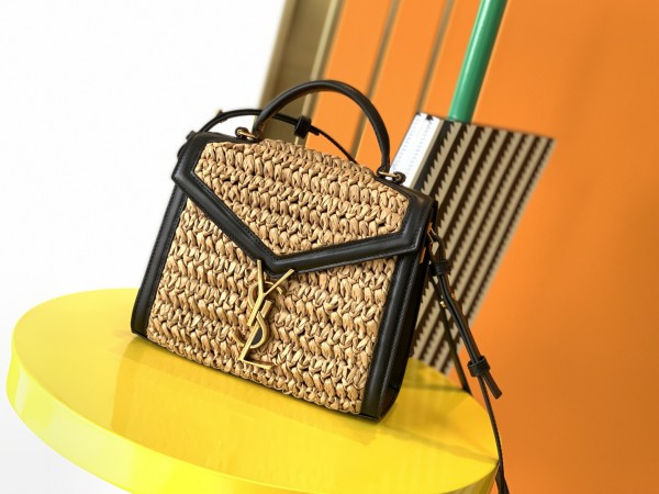 YSL Women Cassandra Top Handle Bag in Raffia and Leather