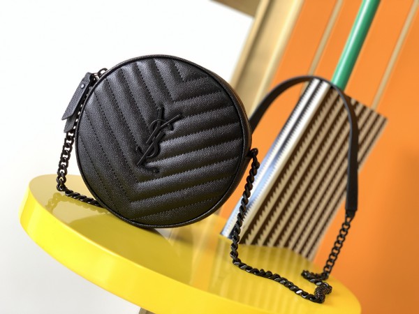 YSL Jade Round Quilted Grain de Poudre Crossbody Bag Black