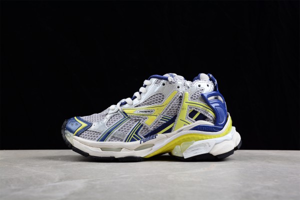 Balenciaga Runner Sneaker in white, blue -yellow - grey and black mesh and nylon 677403-W3RB5-9174