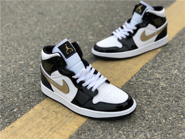 Air Jordan 1 Mid Patent Black White Gold - 852542-007