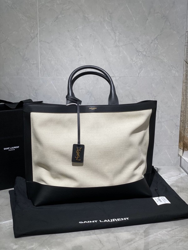 YSL Shopping Tag In Canvas And Leather Off White