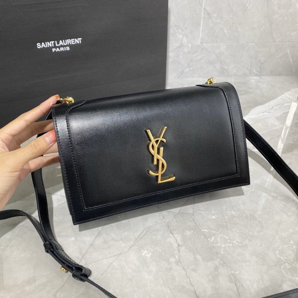 YSL Book Bag Smooth Leather Gold Metal Logo Black/White