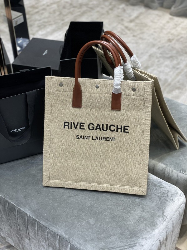 YSL Rive Gauche Large Tote Bag In Printed Canvas And Leather Beige