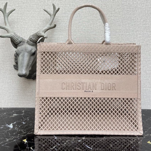 Dior Book Tote Bag Mesh Embroidery Pink/ Black