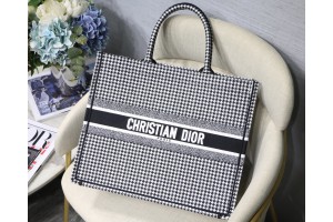 Dior Book Tote Black and White Houndstooth Embroidery