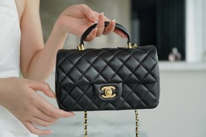 Chanel CF Handle Lambskin Black Flap Bag 14K Hardware