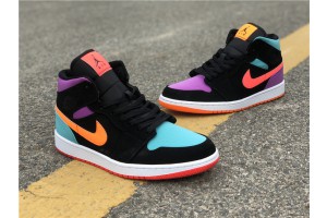 Air Jordan 1 Retro Mid Black Total Orange Purple Blue Mens Shoes - 554724-083
