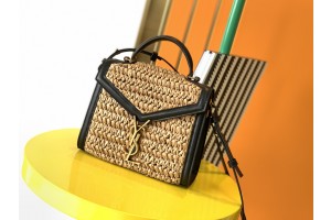 YSL Women Cassandra Top Handle Bag in Raffia and Leather