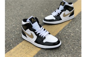 Air Jordan 1 Mid Patent Black White Gold - 852542-007