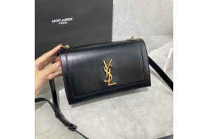 YSL Book Bag Smooth Leather Gold Metal Logo Black/White