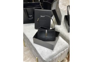 YSL Le 5 À 7 Hobo Bag In Crocodile-Embossed Shiny Leather Black