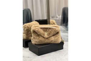 YSL Loulou Puffer Shearling Shoulder Bag Beige